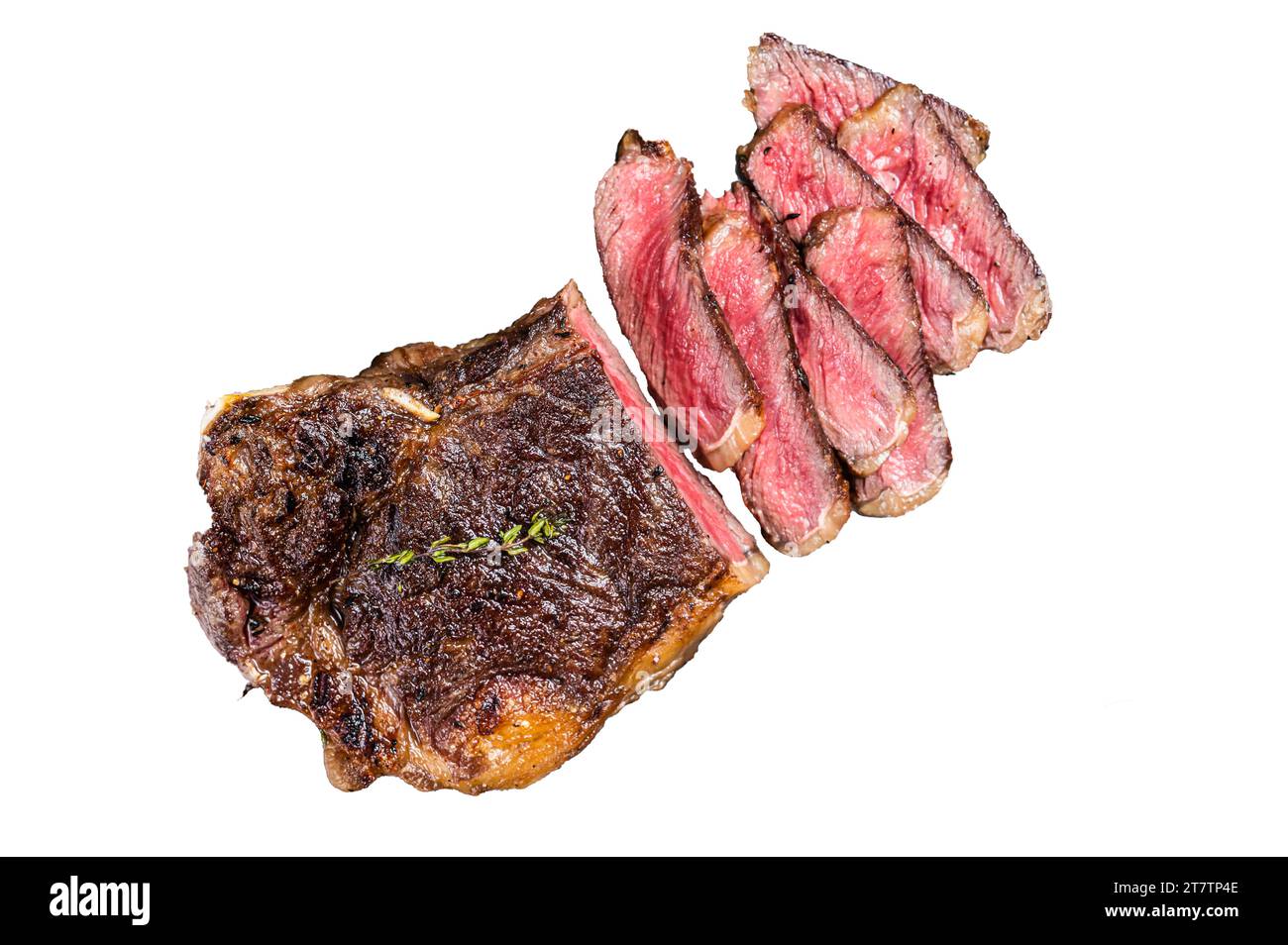 Grilled Wagyu Striploin beef meat steak or new york steak in a steel tray. Isolated, white background Stock Photo