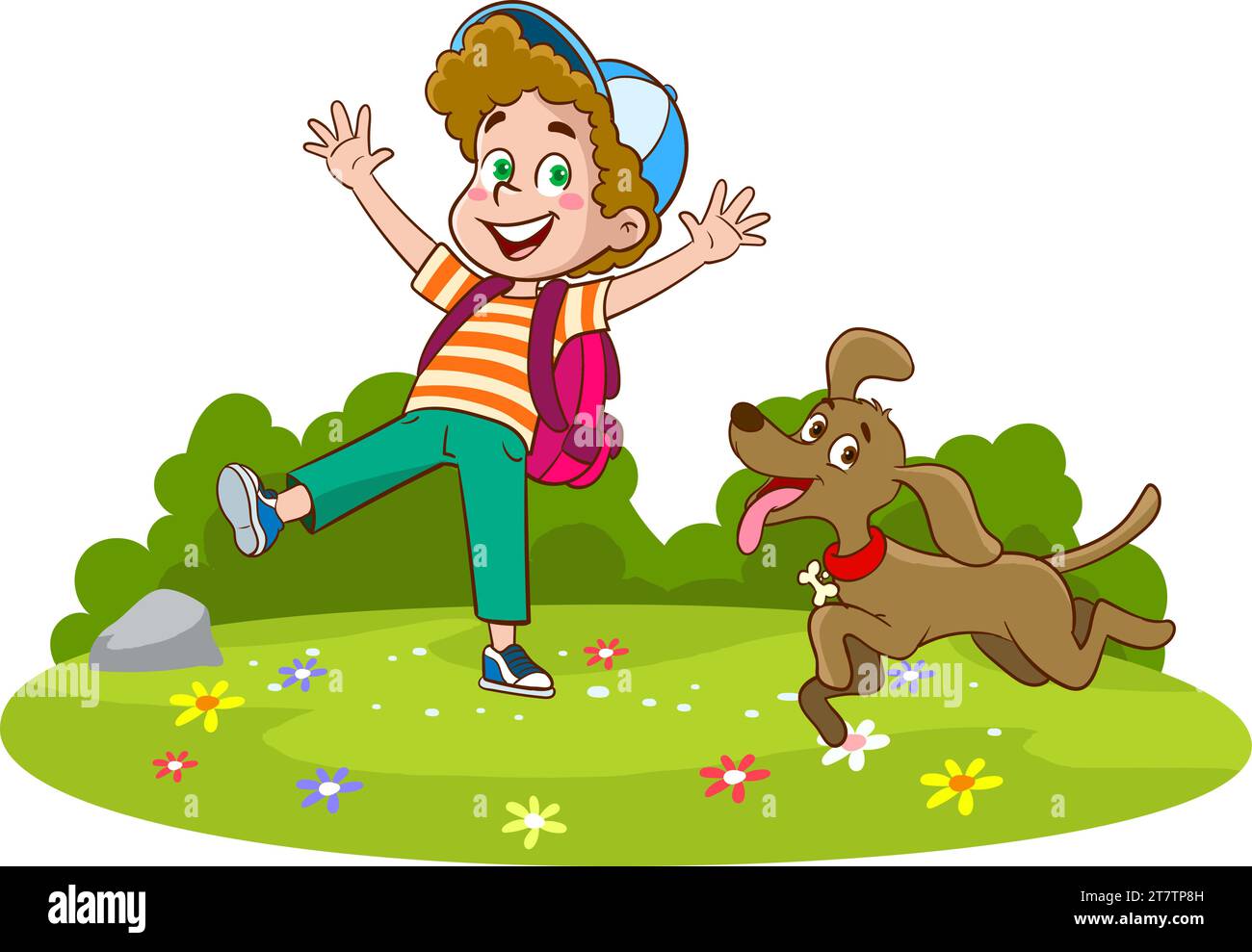 Boy playing with his dog in the park. Summer background vector illustration. I'm playing outside. Stock Vector