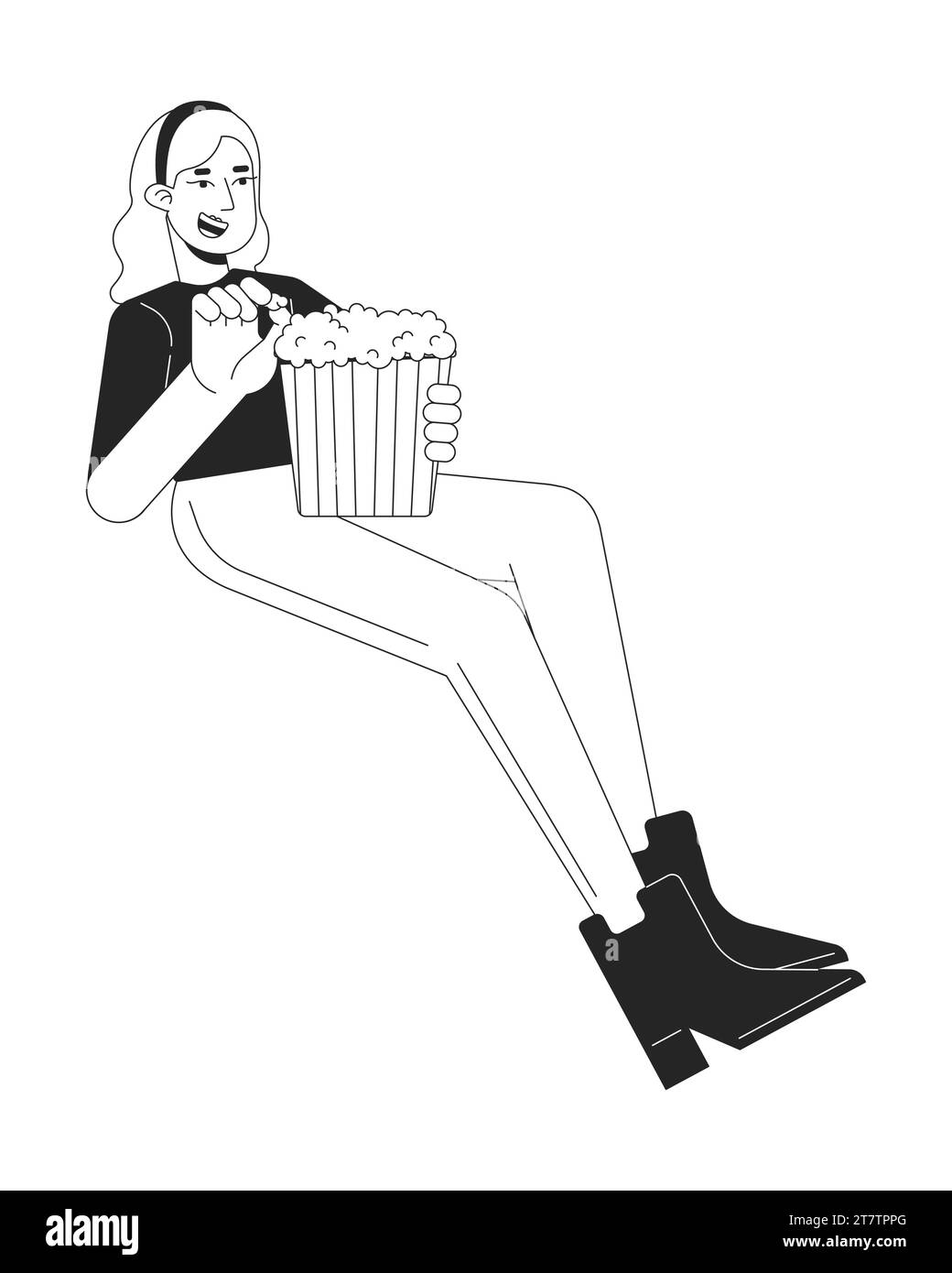 Blonde caucasian woman eating popcorn black and white 2D line cartoon