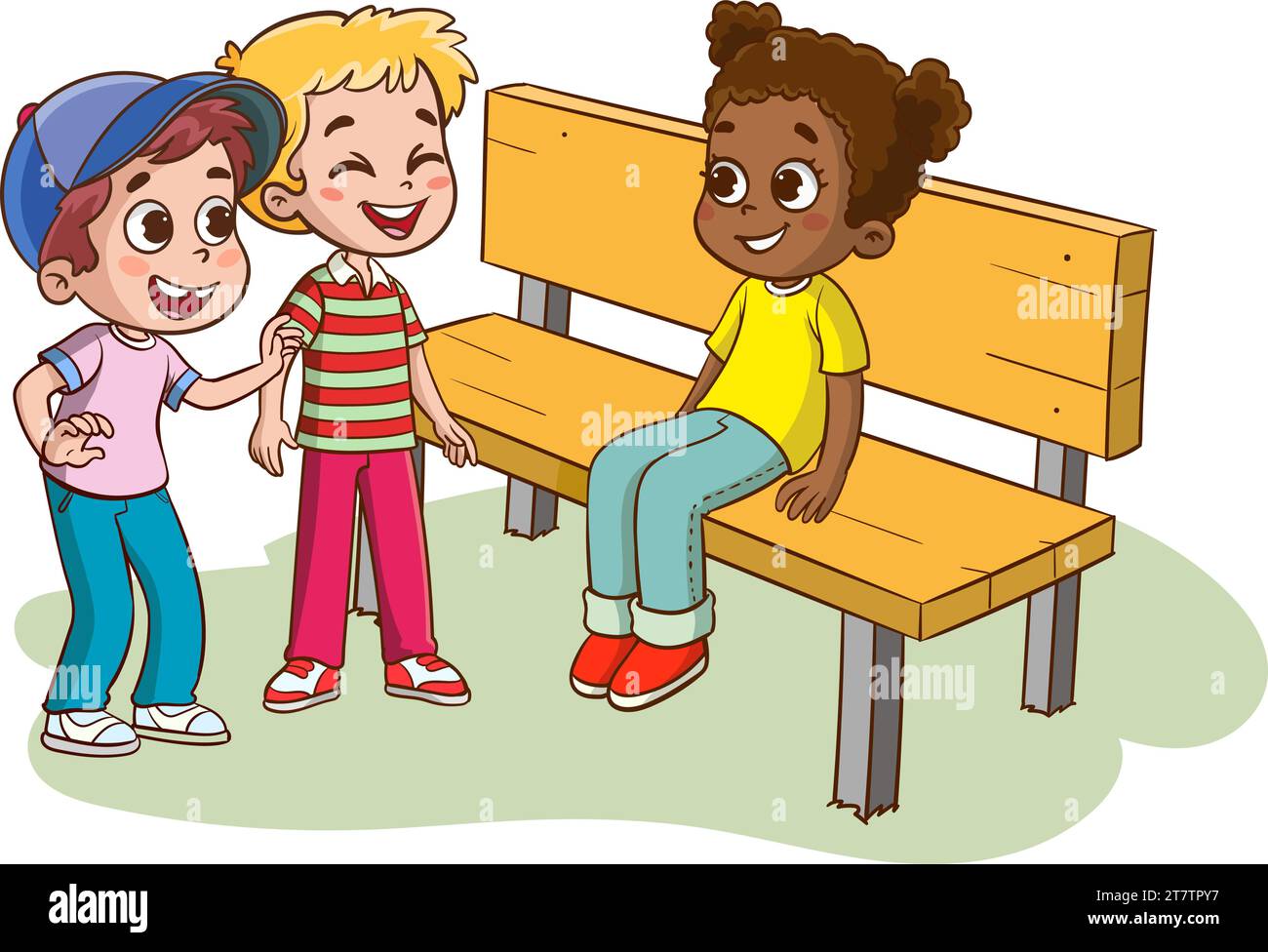 Cartoon boy and a girl talking to each other. Vector illustration.Happy multiethnic mixed age kids are sitting on a bench and chatting Stock Vector