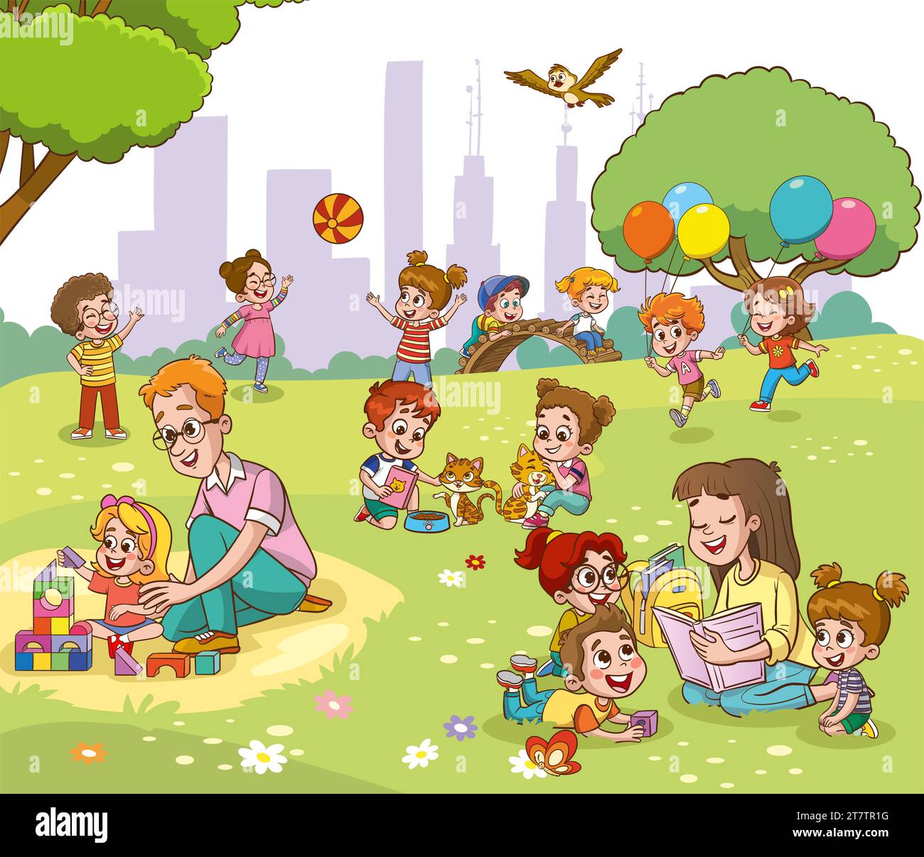 Vector portrait of happy family members relax rest play outdoors in the park doing summer activities.Parents with children spend weekend together Stock Vector