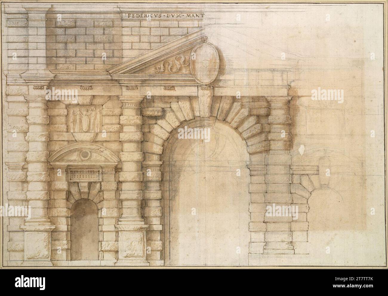 Giulio Romano Mantua, tea gate, Aufriss. Black chalk, feather in brown ...