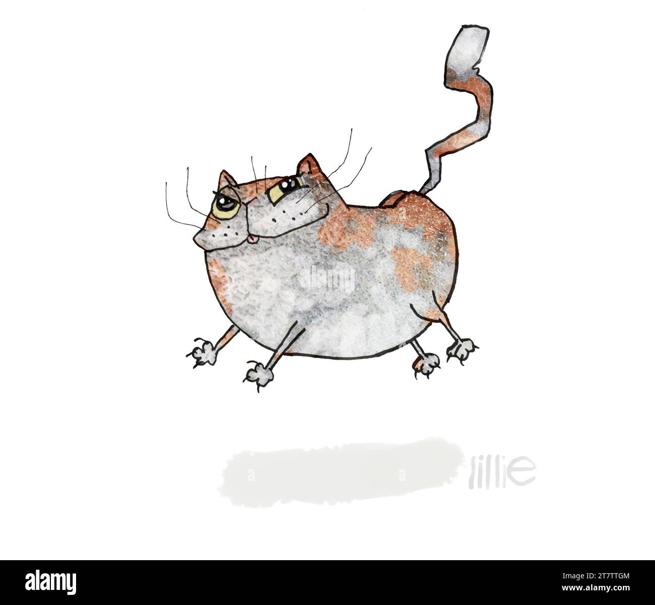 Art cartoon, illustration of a happy cat, jumping or running, suit cute book art, greetings card, magazine art, prints, theme funny animals, pets. Stock Photo