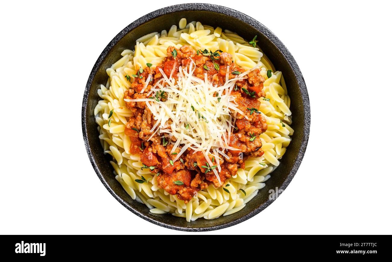 Bolognese pasta, risone with ground beef in a plate. Isolated, white