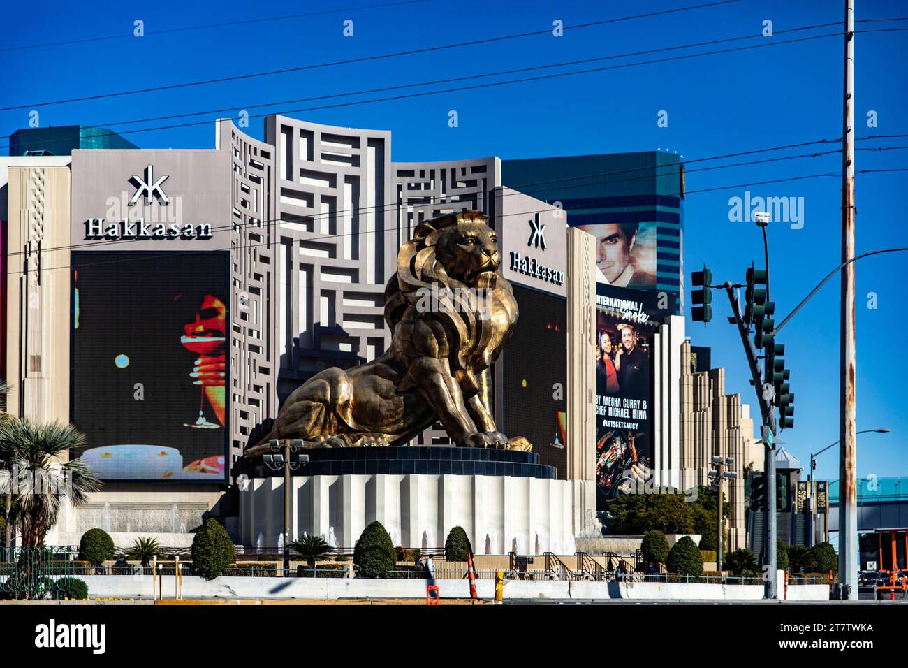 Las Vegas, USA; January 18, 2023: Lion's eye view of the MGM Grand Las Vegas and Hakkasan hotel, casino and resort on the Las Vegas Strip, located on Stock Photo