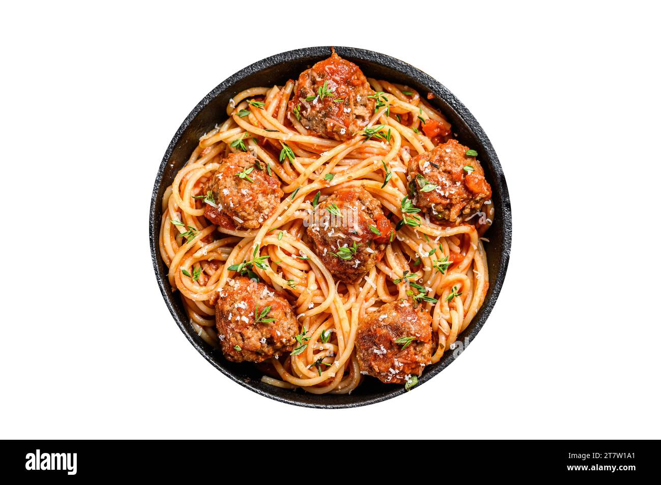 Italian pasta spaghetti with tomato sauce and meatballs in cast iron