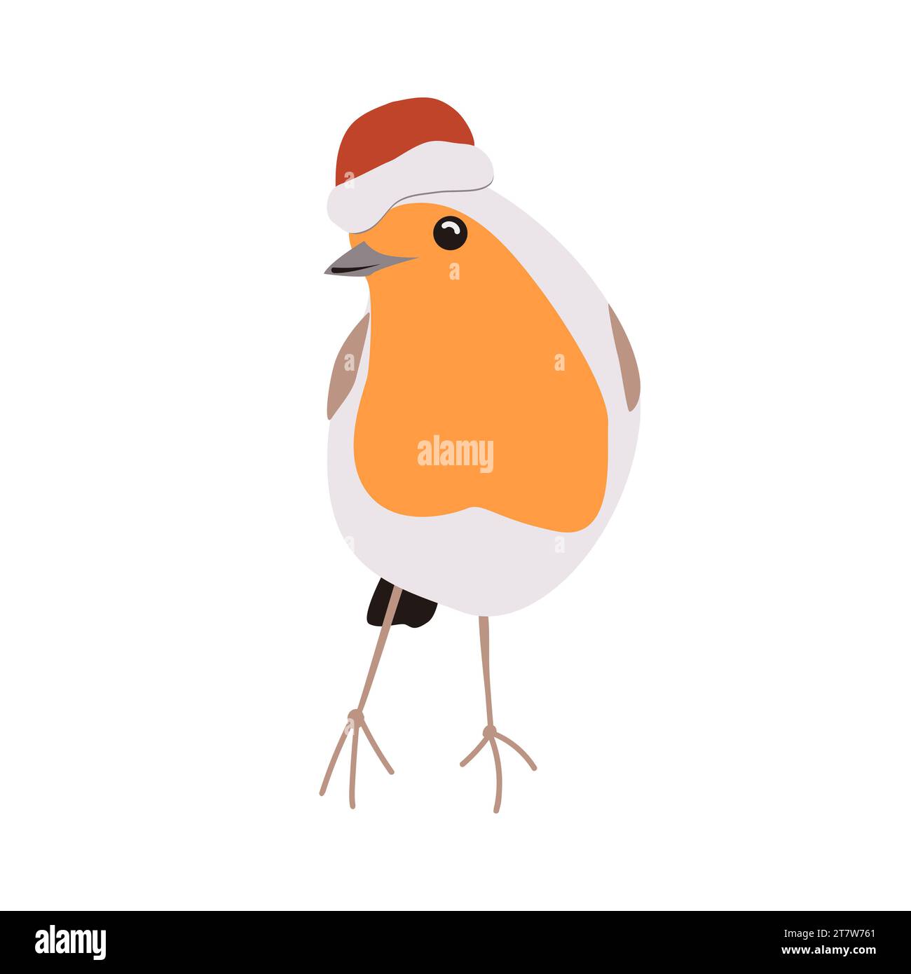 Cute robin bird in red Santa helper hat. Cartoon isolated vector
