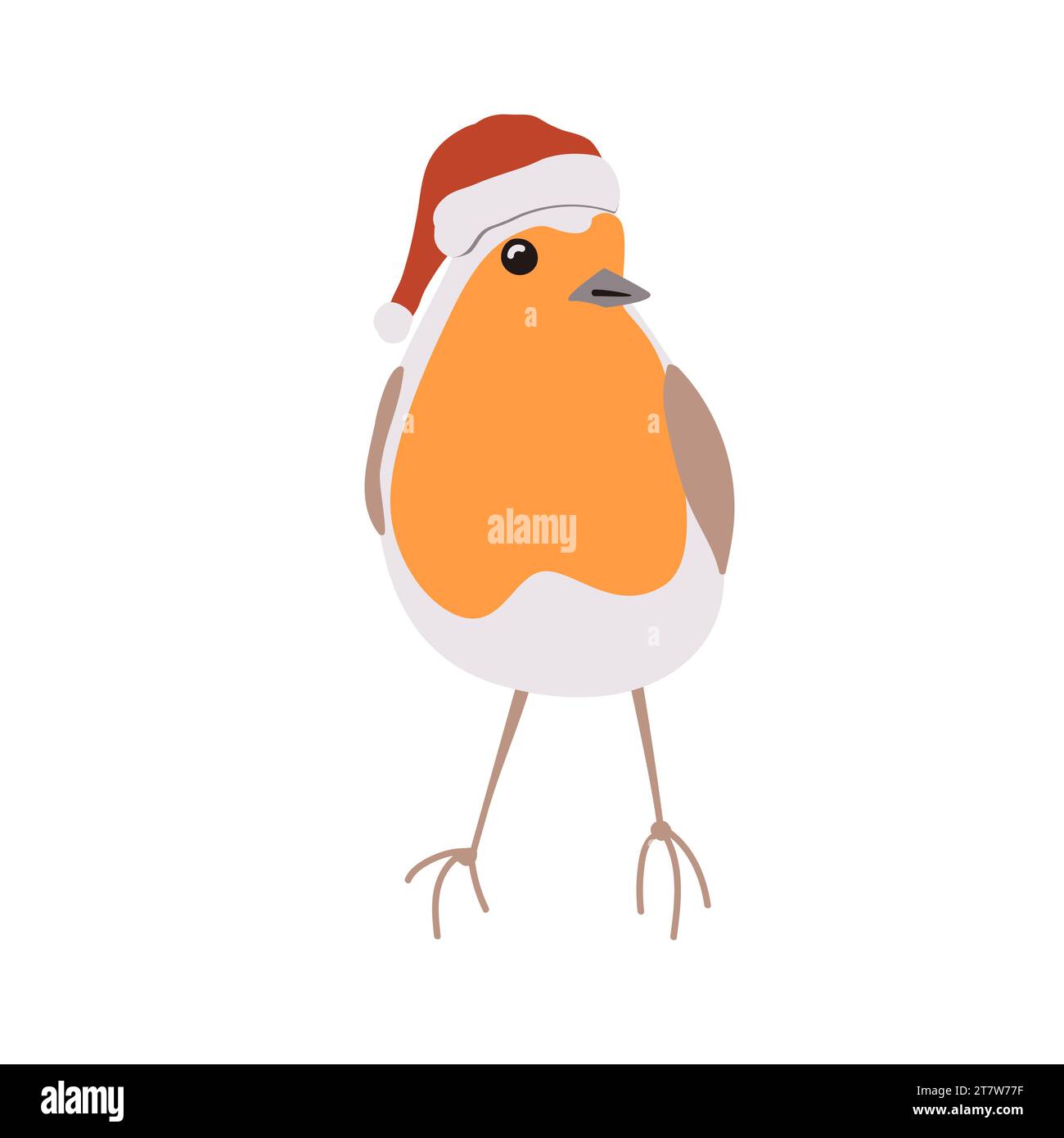 Cute robin bird in red Santa helper hat. Cartoon isolated vector