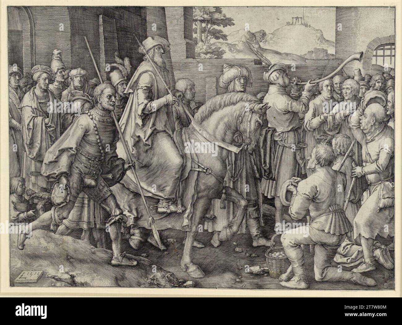 Lucas Hugensz. van Leyden The triumph of the Mordechai. Copper engraving print 1515 , 1515 Stock Photo