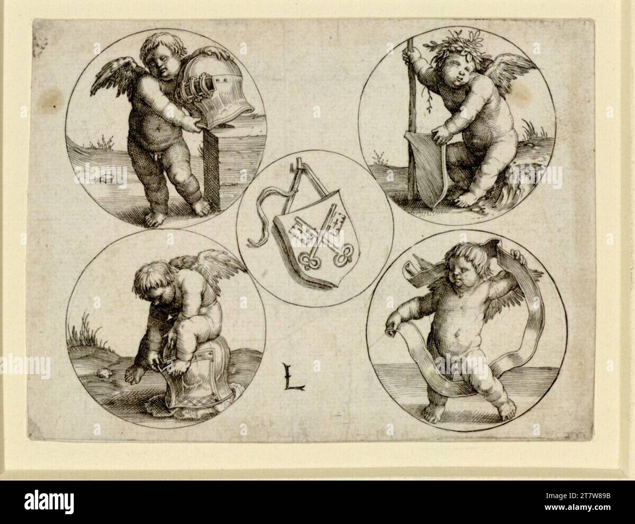 Lucas Hugensz. van Leyden City of the city Leiden, surrounded by four medallions with putti. Copper engraving print around 1510 Stock Photo
