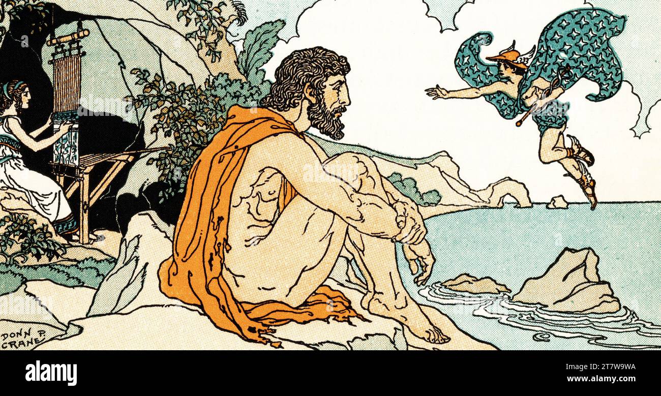 Calypso weaves in her cave, whilst Odysseus sits looking longingly towards  home. Hermes the messenger of the gods approaches. By Donn Philip Crane  (1878-1944). Calypso was a nymph who lived on the, image size:1300x779