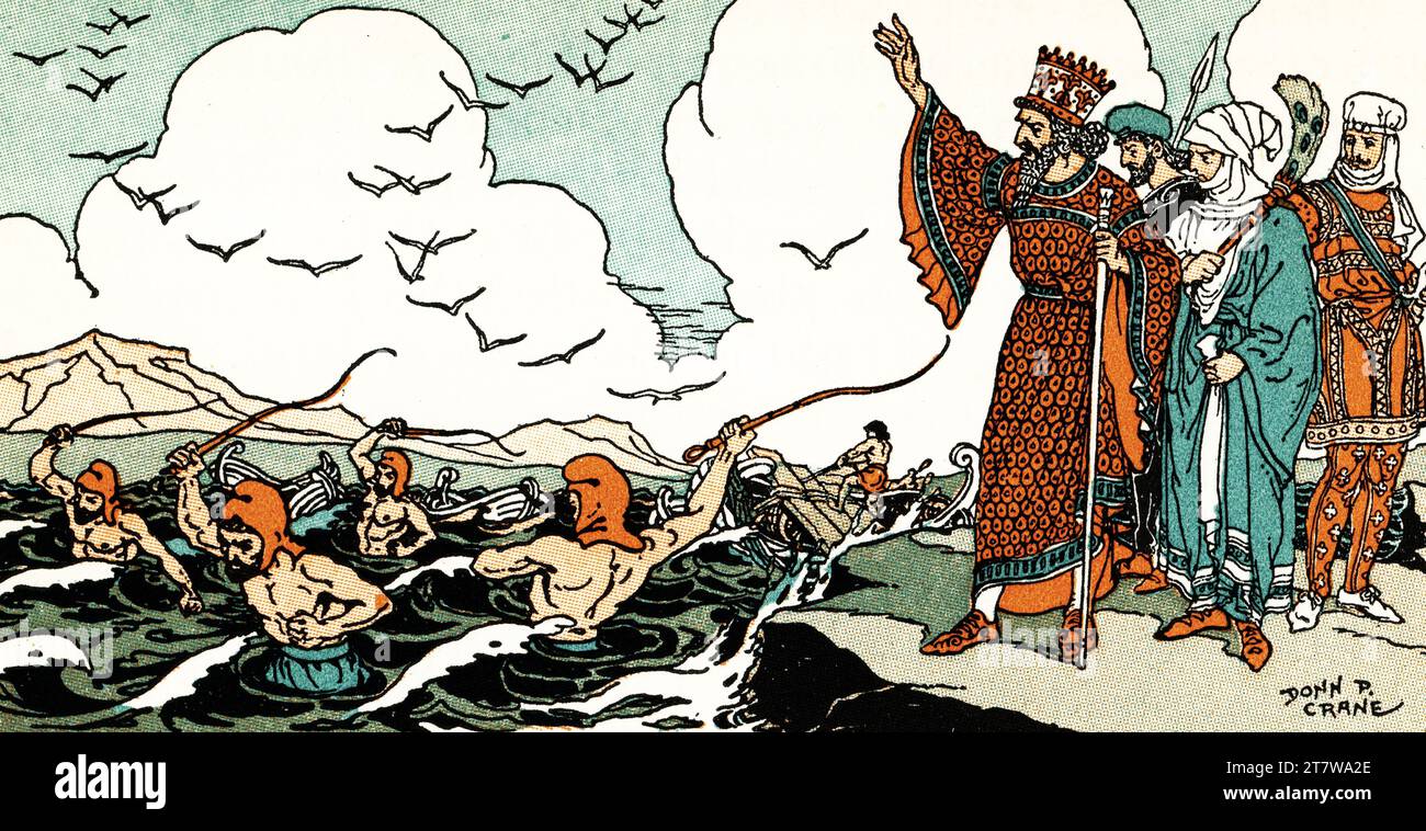 Xerxes I (c518-465BC), orders the Hellespont to be whipped three hundred times. By Donn Philip Crane (1878-1944). According to the Greek historian Herodotus, Xerxes's first attempt to bridge the Hellespont, as part of his invasion of the Greek mainland, ended in failure when a storm destroyed the flax and papyrus cables of the bridges. In retaliation, Xerxes ordered the Hellespont whipped three hundred times, and had fetters thrown into the water. Xerxes's second attempt to bridge the Hellespont was successful. Stock Photo