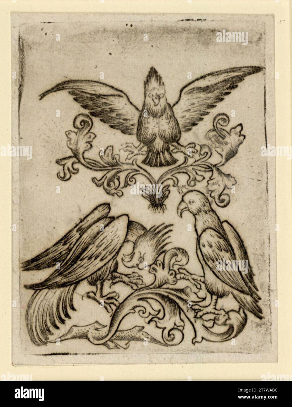 Meister der Berliner Passion Three chimeric birds. Copper engraving print 1450-1470 , 1450/1470 Stock Photo