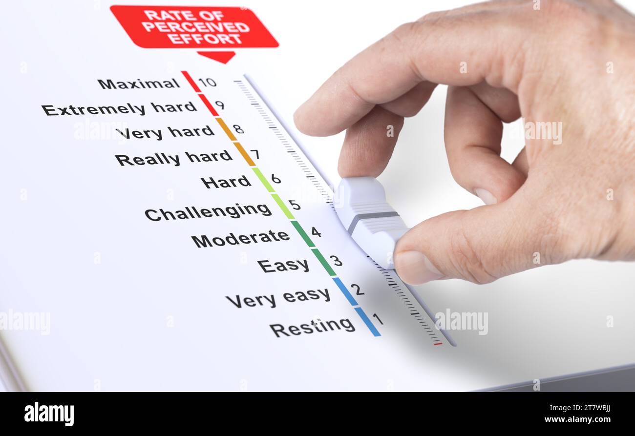 Hand moving a slider to the easy position. Concept of RPE, Rate of Perceived Effort Stock Photo