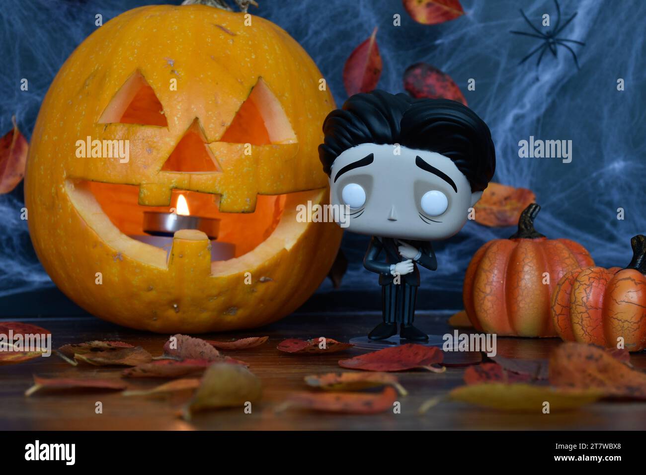 Funko Pop action figure of Victor from dark fantasy gothic animated film Corpse Bride.  Halloween, Jack o lantern, spider web, autumn leaves, spooky. Stock Photo