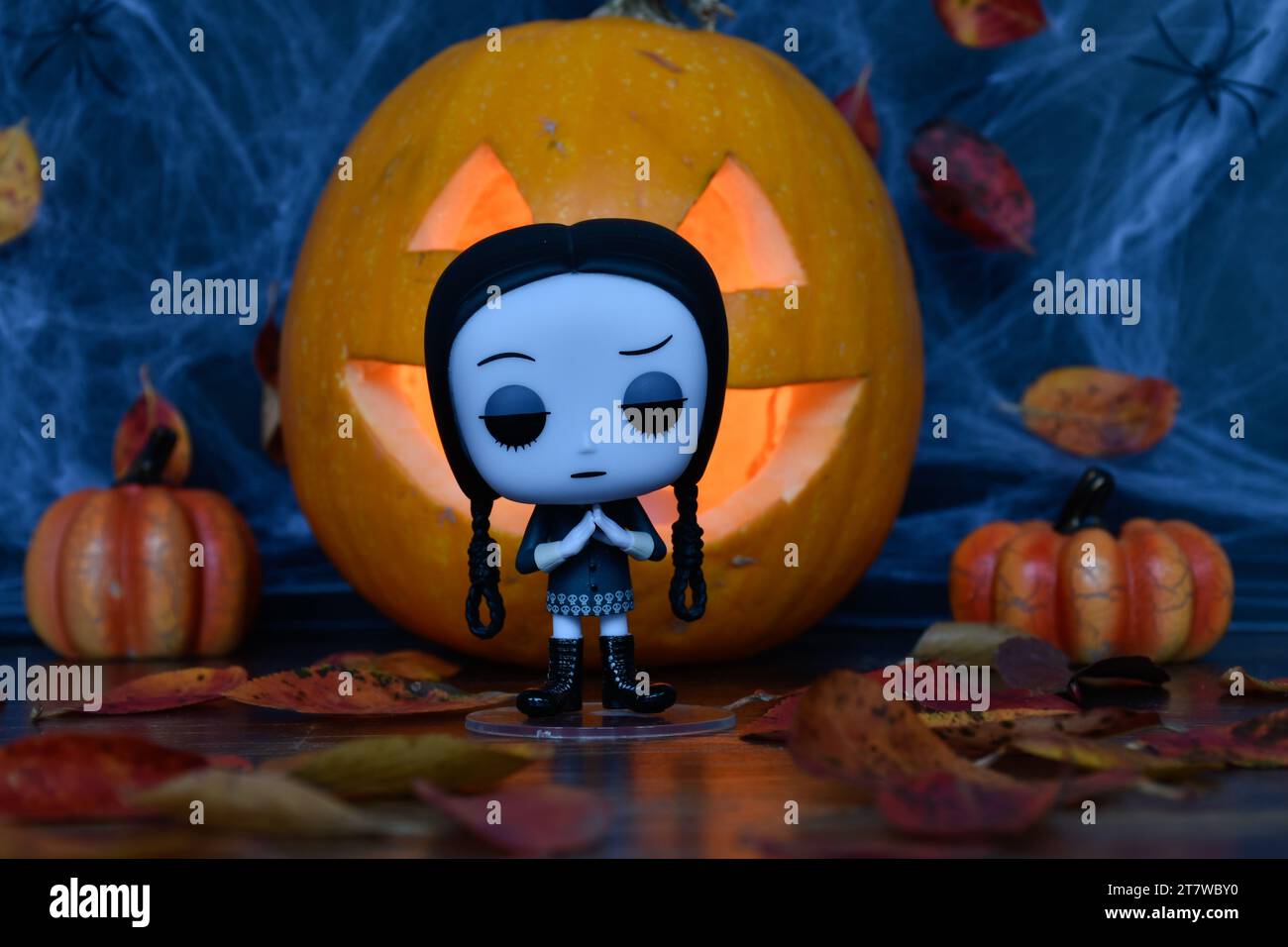 Funko Pop action figure of Wednesday Addams from animated film The Addams family. Halloween, Jack o lantern, spider web, autumn leaves, decor, spooky. Stock Photo