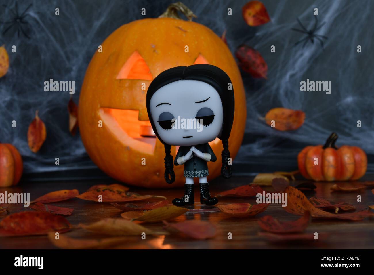 Funko Pop action figure of Wednesday Addams from animated film The Addams family. Halloween, Jack o lantern, spider web, autumn leaves, decor, spooky. Stock Photo