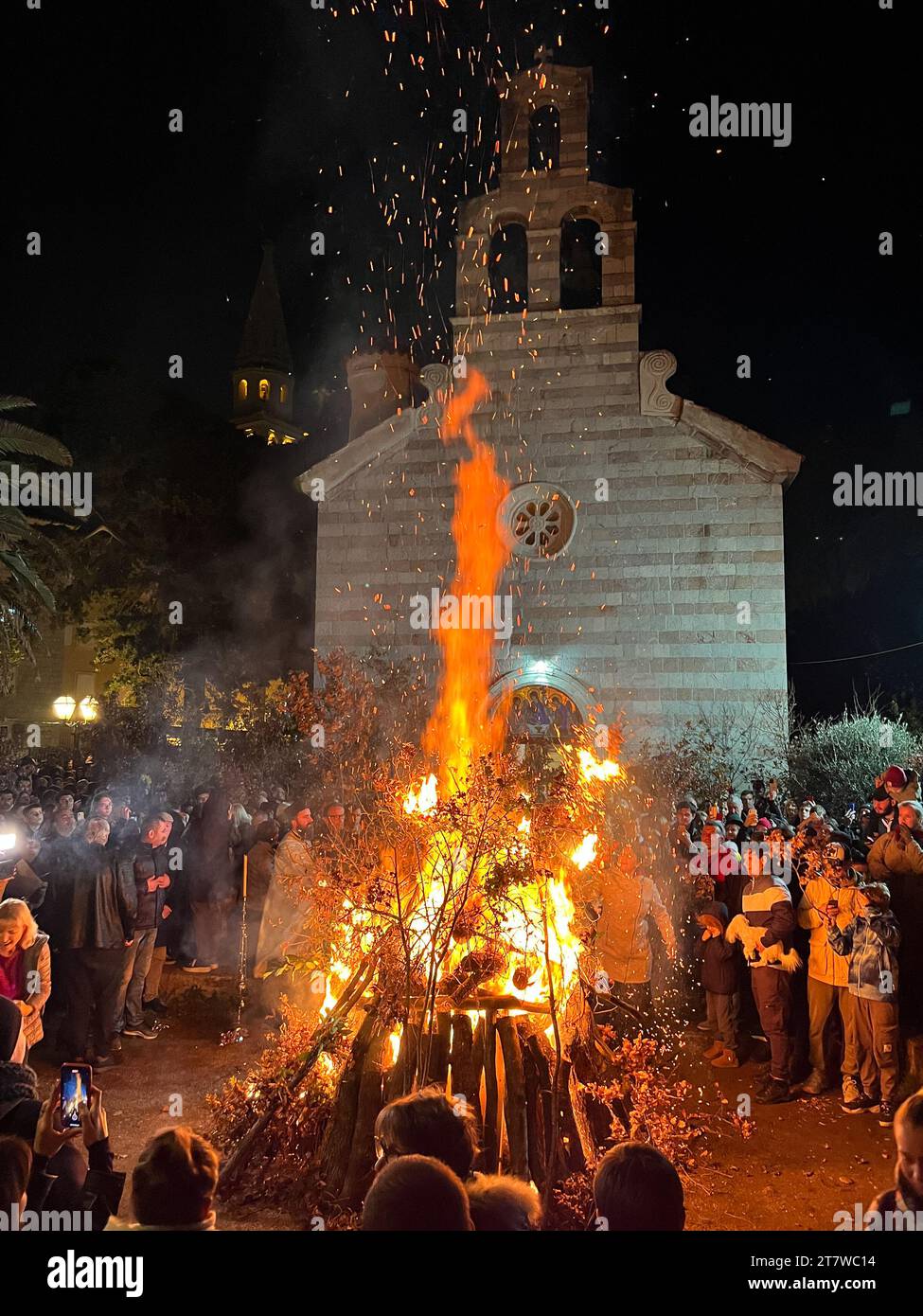Budva, Montenegro - 25 december 2022: Large ritual fire burns near the ...