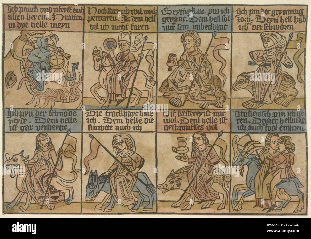 Anonym The seven deadly sins and the devil. Woodcut, colored around 1480-1490 Stock Photo