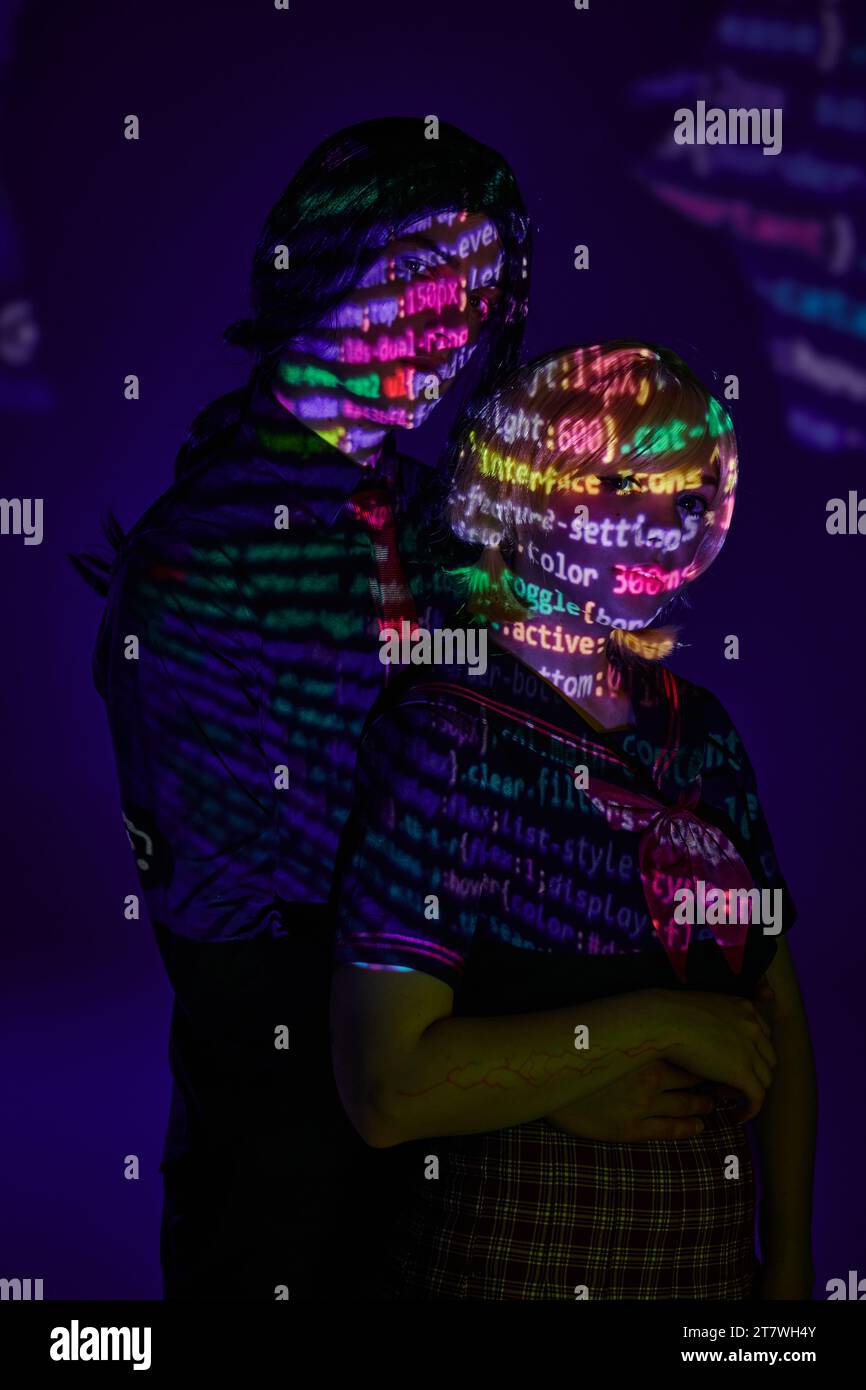 anime style students in neon programming symbols projection on blue ...