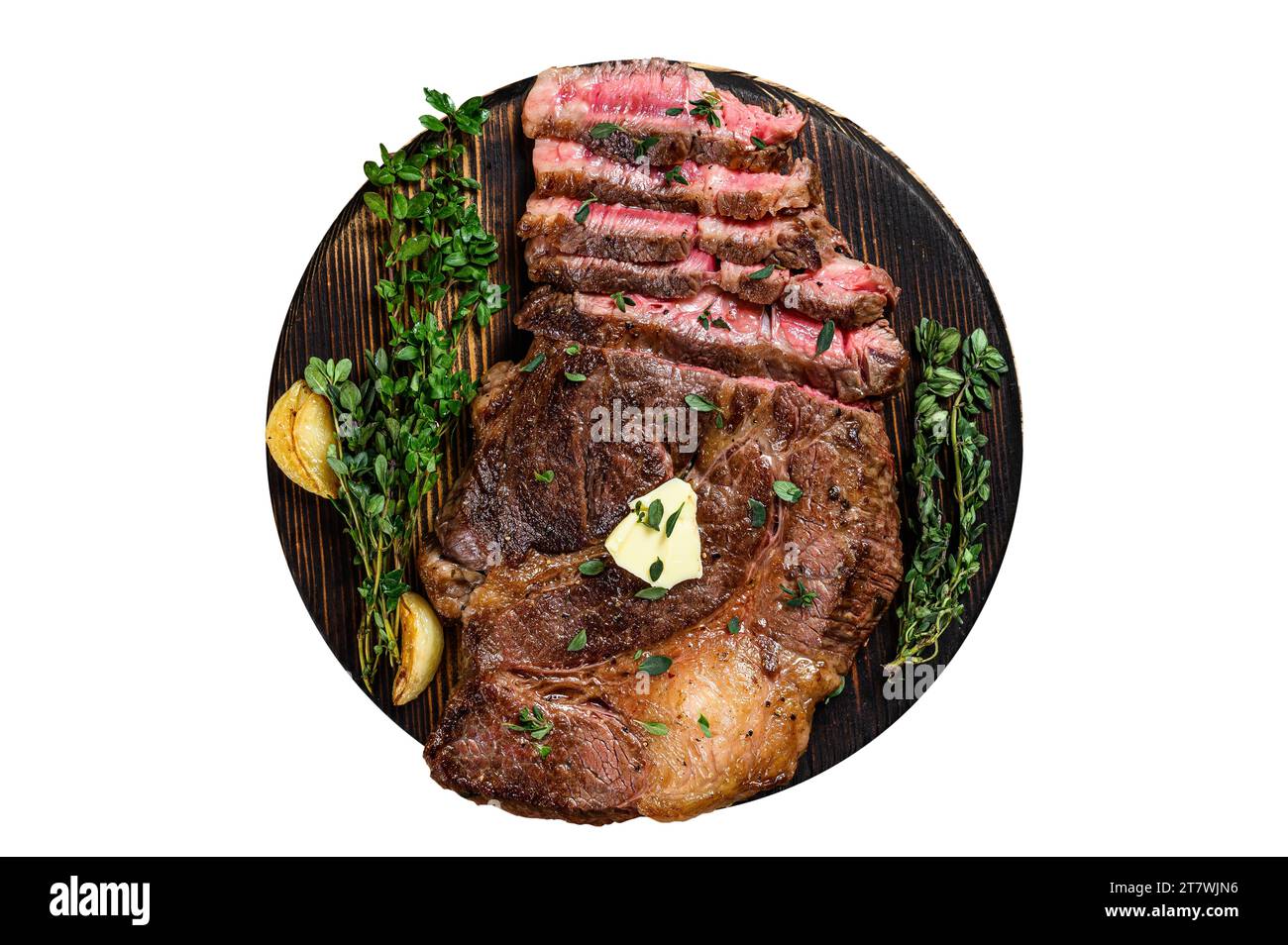 Roast rib eye beef meat steak on a cutting board. Isolated, white ...