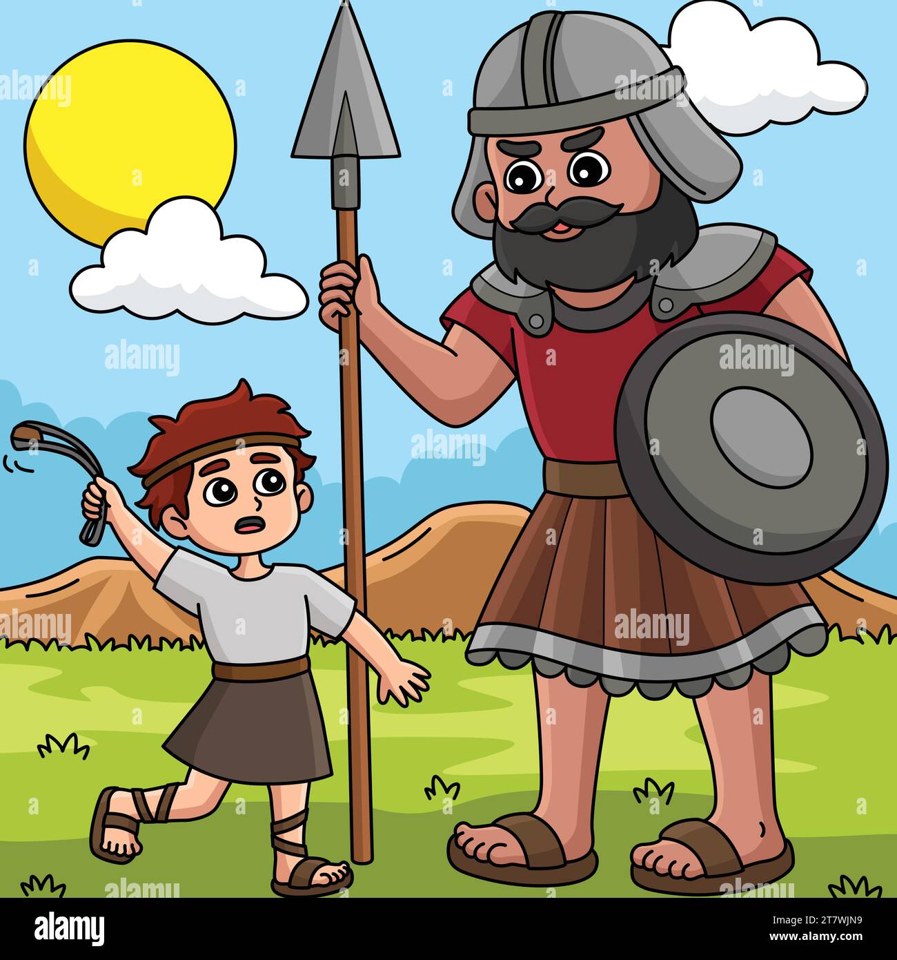 David and Goliath Colored Cartoon Illustration Stock Vector