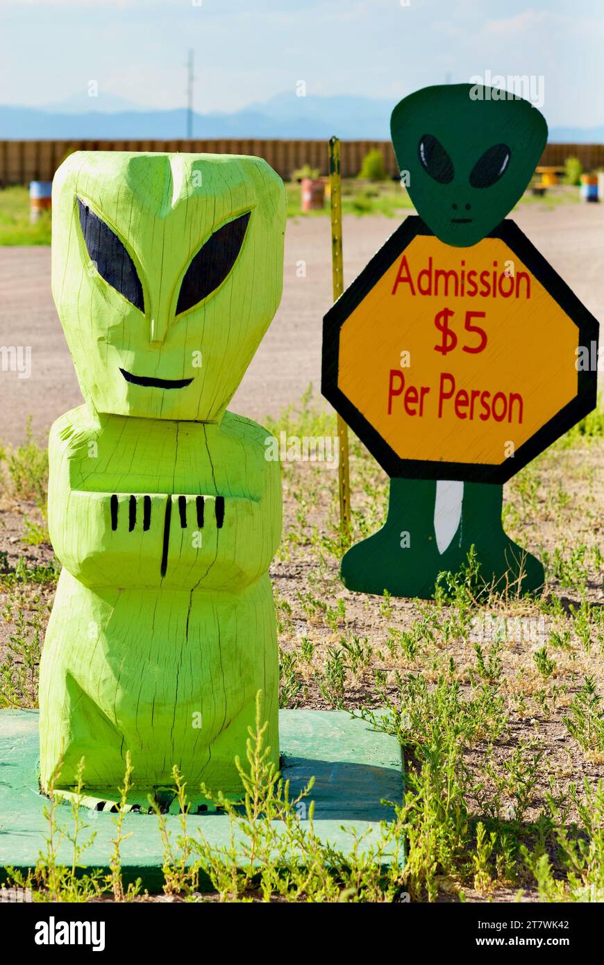 Hooper, Colorado, USA - July 21, 2023: An 'alien' welcomes visitors to the UFO Watchtower, a unique roadside attraction in the San Luis Valley. Stock Photo