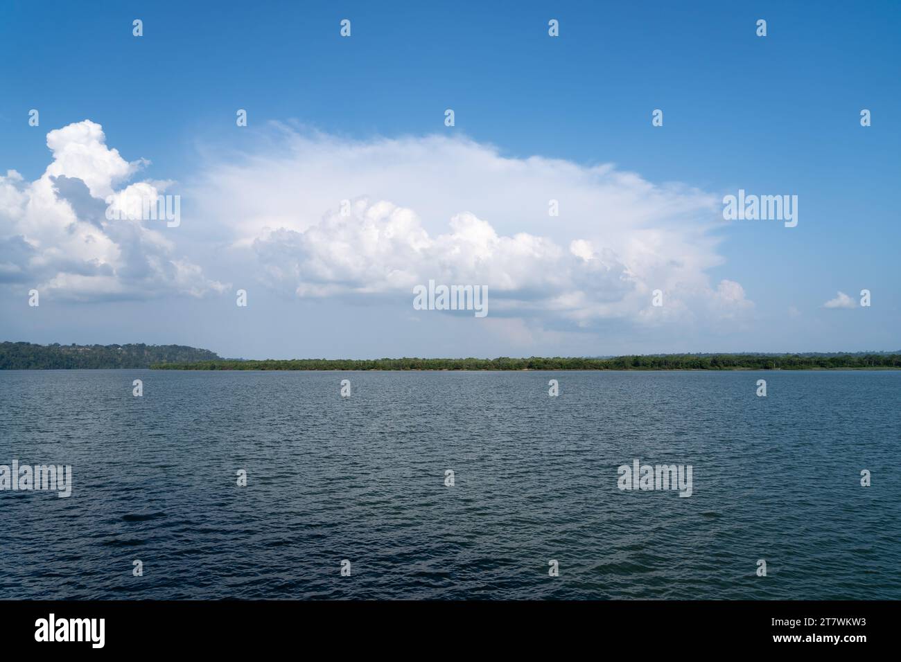 Beautiful panoramic view of Xingu river in the Amazon rainforest on sunny summer day with blue sky. Para state, Brazil. Concept of nature, ecology. Stock Photo