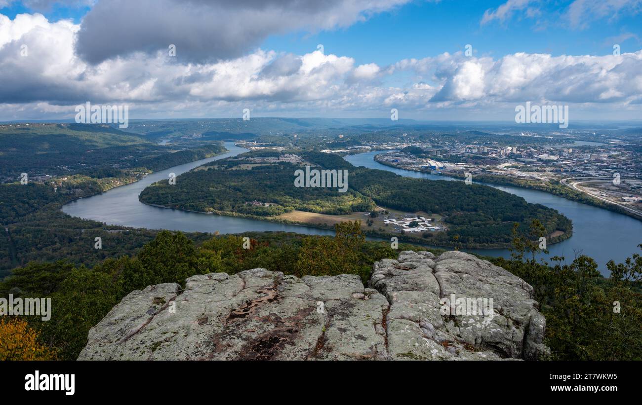 Overlook on Lookout Mountain Above Mocassin Bend on Tennessee River and Chattanooga Stock Photo