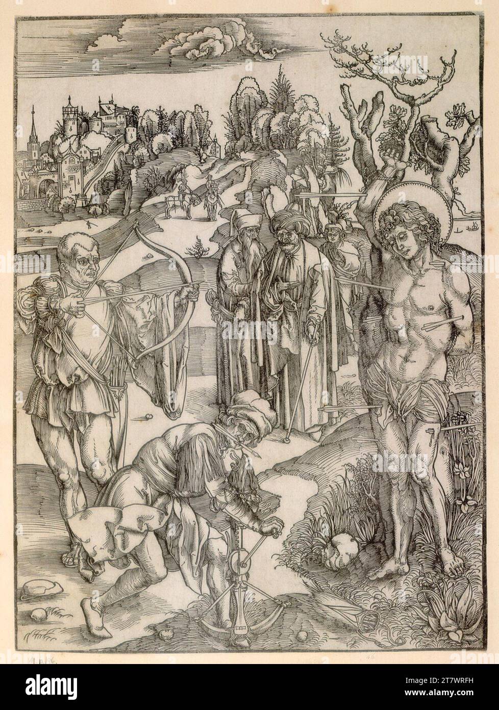 Albrecht Dürer The torture of St. Sebastian. Woodcut; Sheet is cut to