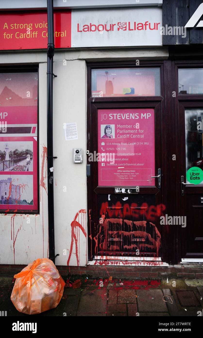 The constituency office of Labour MP Jo Stevens in Albany Road, Cardiff, which was sprayed with red paint and posters were put up accusing her of having 'blood on her hands' after she abstained on the Gaza vote. Picture date: Friday November 17, 2023. Stock Photo