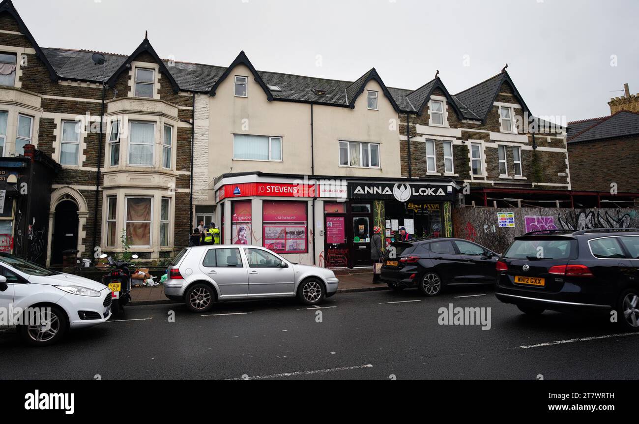 The constituency office of Labour MP Jo Stevens in Albany Road, Cardiff, which was sprayed with red paint and posters were put up accusing her of having 'blood on her hands' after she abstained on the Gaza vote. Picture date: Friday November 17, 2023. Stock Photo