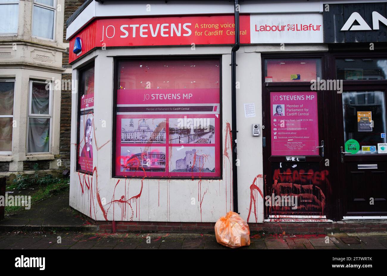 The constituency office of Labour MP Jo Stevens in Albany Road, Cardiff, which was sprayed with red paint and posters were put up accusing her of having 'blood on her hands' after she abstained on the Gaza vote. Picture date: Friday November 17, 2023. Stock Photo
