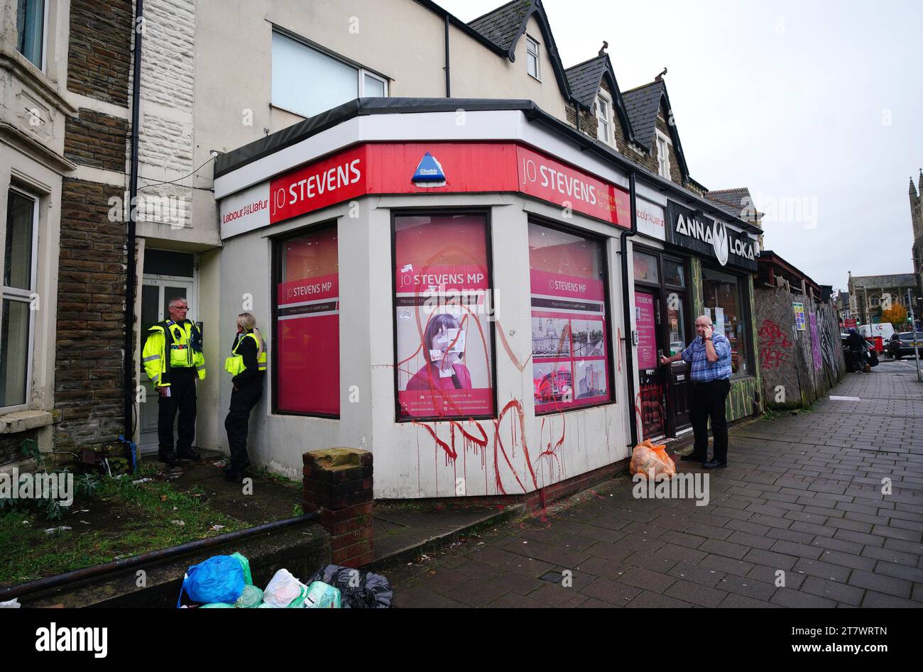 The constituency office of Labour MP Jo Stevens in Albany Road, Cardiff, which was sprayed with red paint and posters were put up accusing her of having 'blood on her hands' after she abstained on the Gaza vote. Picture date: Friday November 17, 2023. Stock Photo