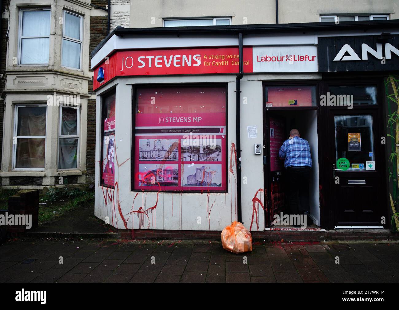 The constituency office of Labour MP Jo Stevens in Albany Road, Cardiff, which was sprayed with red paint and posters were put up accusing her of having 'blood on her hands' after she abstained on the Gaza vote. Picture date: Friday November 17, 2023. Stock Photo