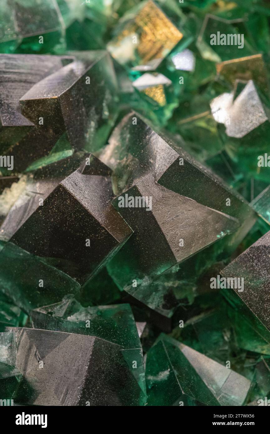 Precious green fluorite from the '50 Year Pocket' Rogerly Mine, Frosterly, Weardale, Durham, England, seen at the Tucson Gem Show, Arizona Stock Photo