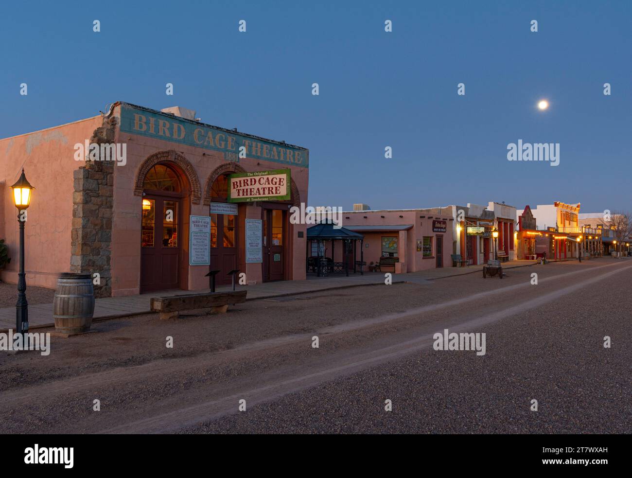Predawn light on Allen Street and the Birdcage Theatre, Tombstone, Arizona Stock Photo