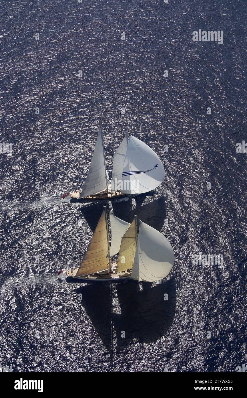 Aerial photo of Borkumriff IV and Meteor racing downwind with their spinnakers. Stock Photo