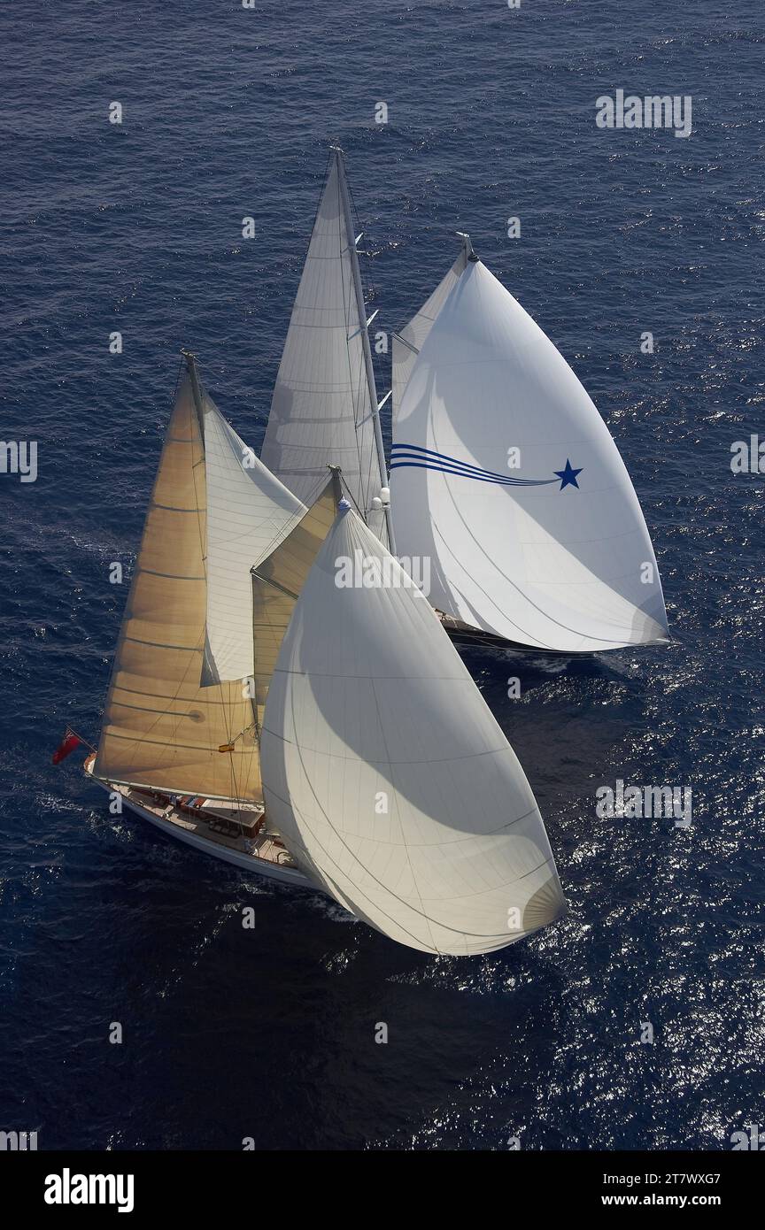 Aerial photo of Borkumriff IV and Meteor racing downwind with their spinnakers. Stock Photo