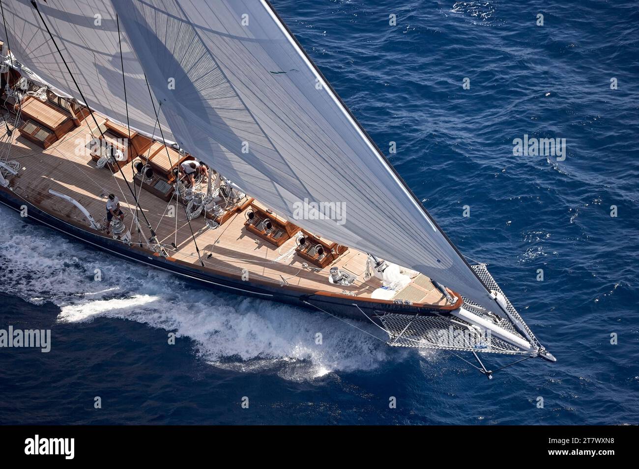 Aerial helicopter photo of the foredeck of the sailing yacht METEOR