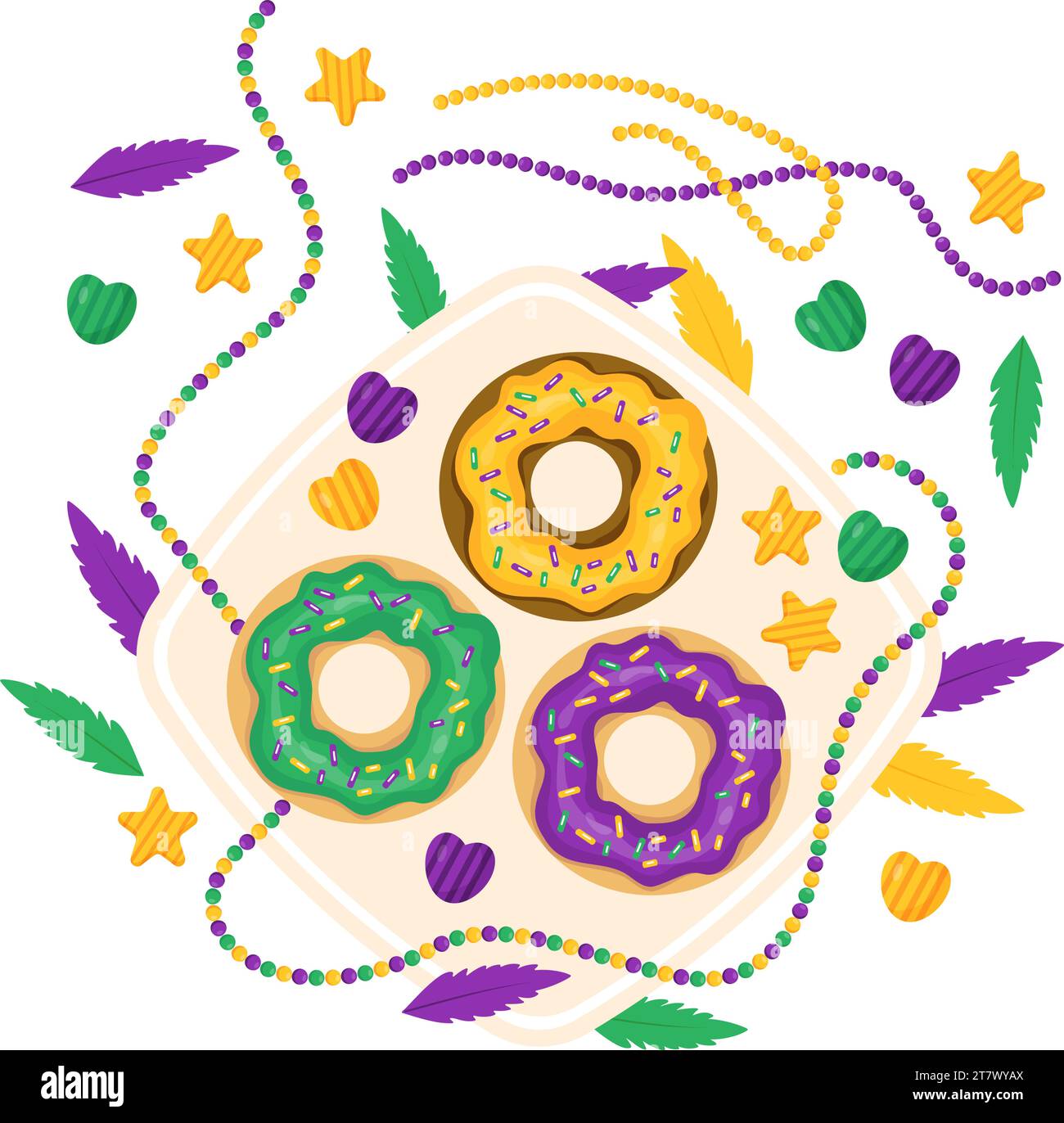 King Cake. Festive Donuts with colorful icing, beaded necklaces, feathers on plate. Mardi Gras carnival. Holiday Fat Tuesday. Vector illustration in c Stock Vector