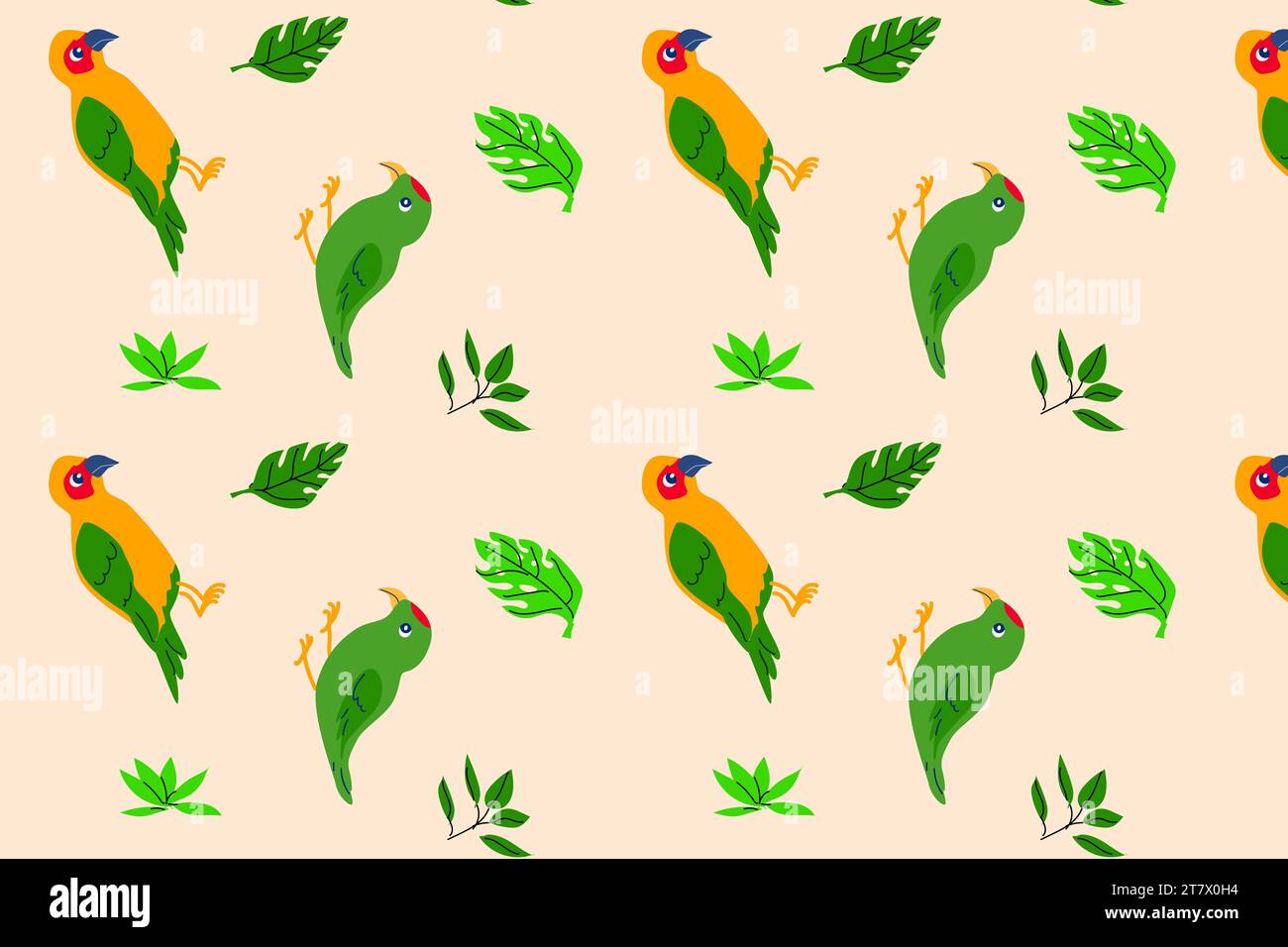 green and yellow parrots - tropical fabric pattern Stock Vector