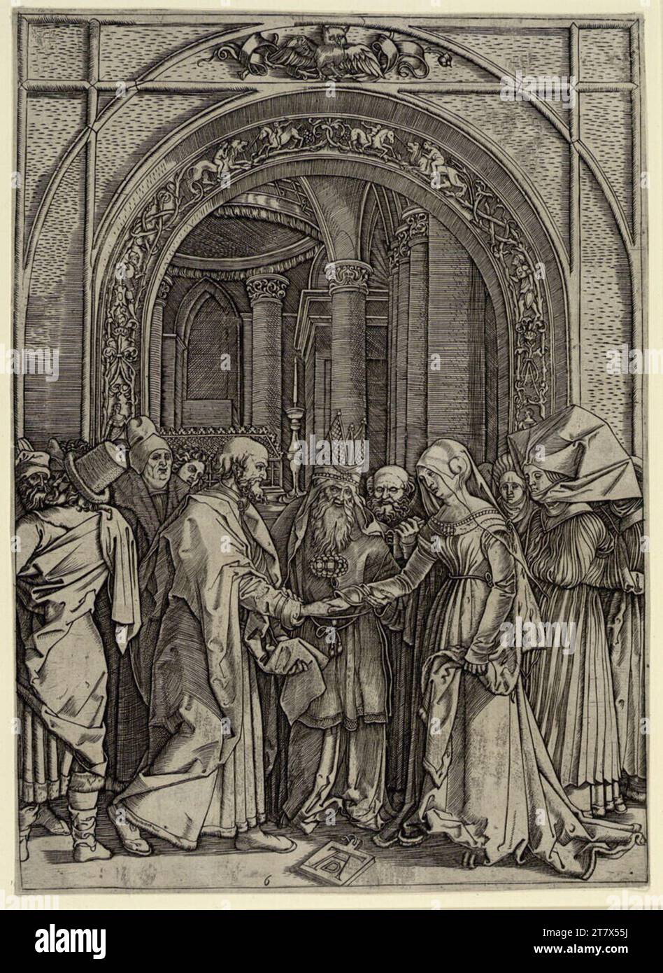 Marcantonio Raimondi Marriage of Mary. Copper engraving print (1. Hälfte 16. Century) Stock Photo