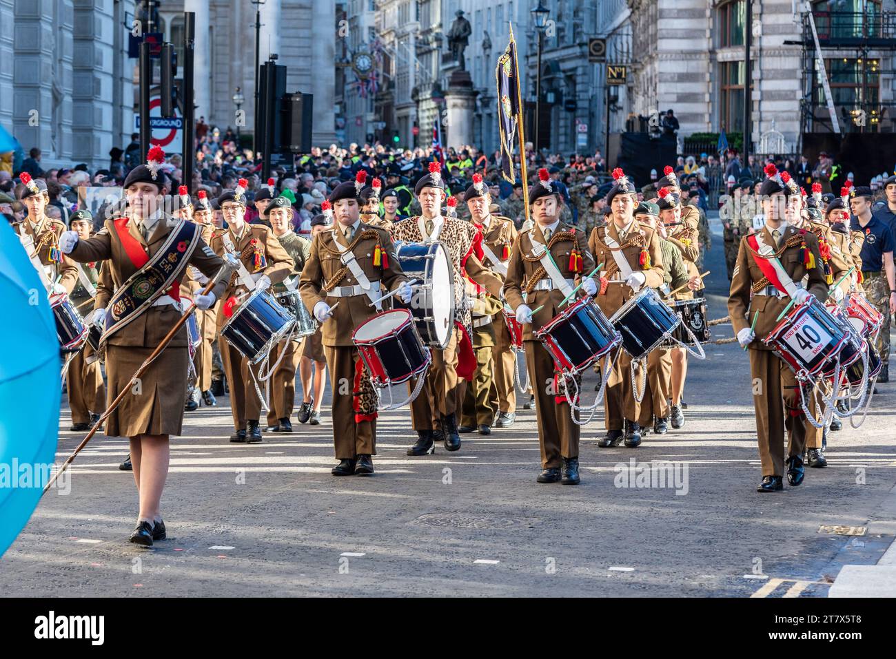 Mill Hill School Combined Cadet Force band at the Lord Mayor's Show procession 2023 in Poultry, in the City of London, UK Stock Photo