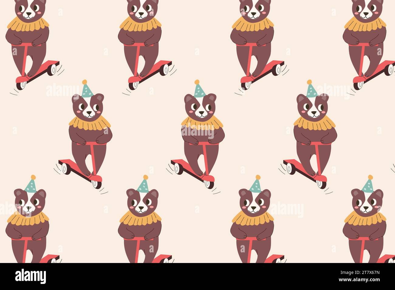 cute cartoon bear on scooter - seamless pattern Stock Vector