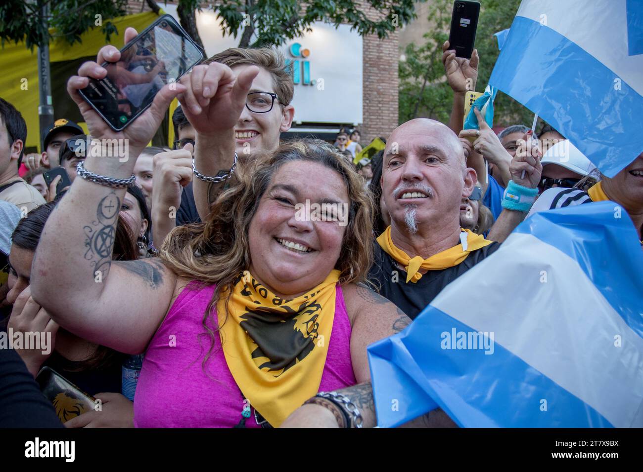 Cordoba, Argentina. 16th Nov, 2023. Supporters of the right-wing conservative presidential candidate Milei cheer during his final election rally. Milei promises to abolish the Argentinian central bank and introduce the US dollar as the currency. Credit: Sebastian Salguero/dpa/Alamy Live News Stock Photo