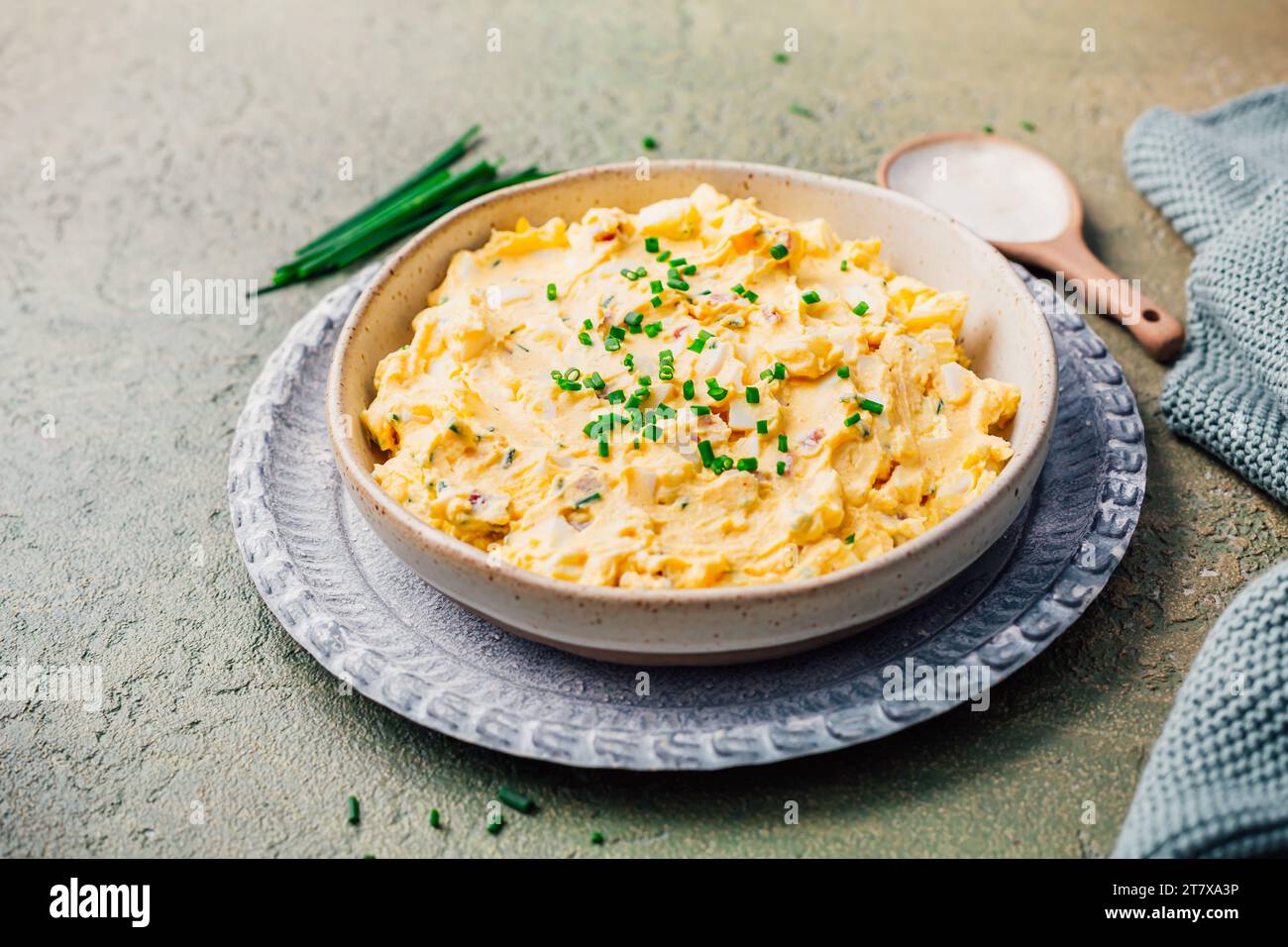 Egg spread with cream cheese, egg and chives Stock Photo