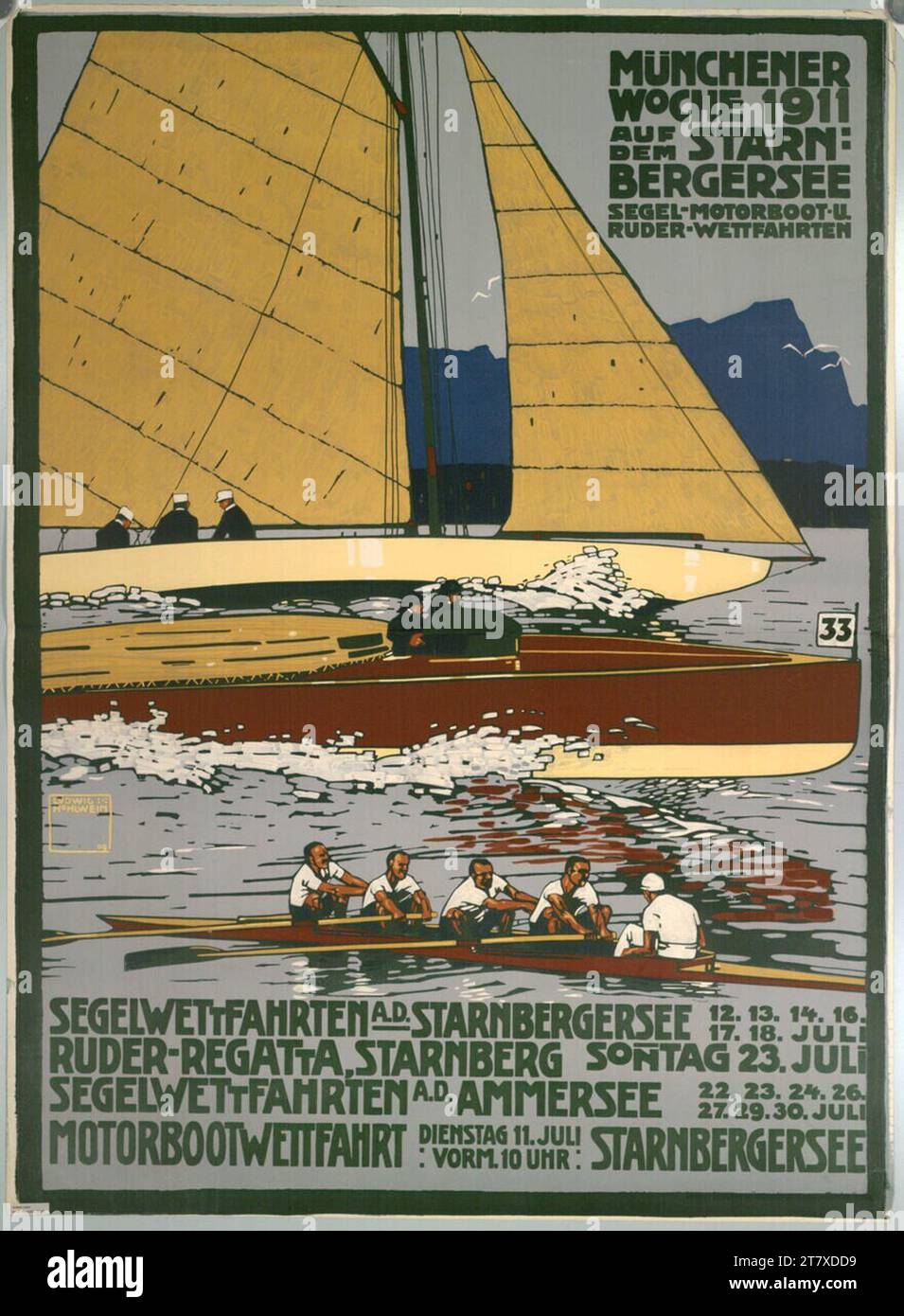 Color Motor Bot Ludwig Hohlwein Munich week 1911 on Lake Starnberg; Sailing motorboat ...