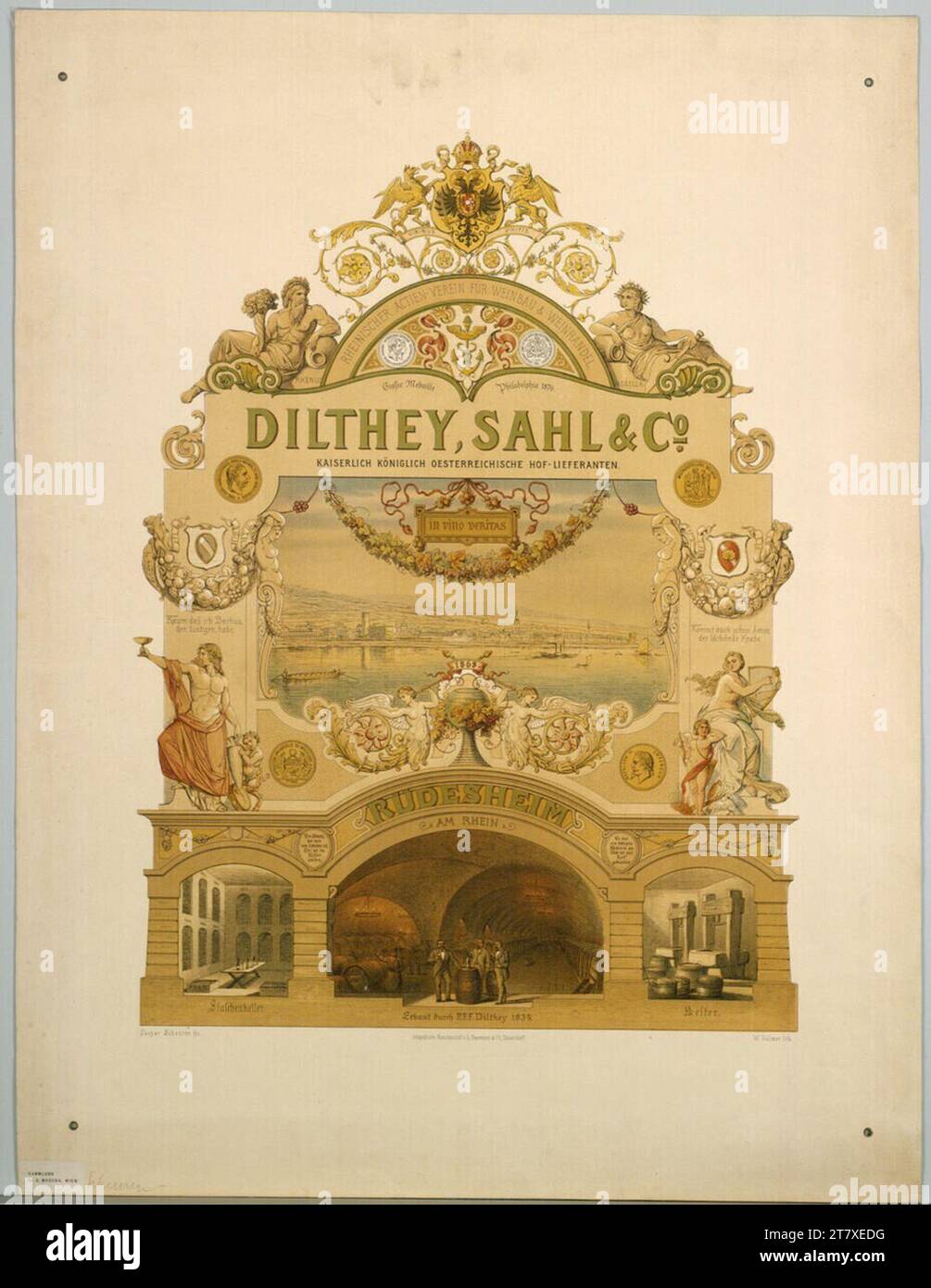 Caspar Johann Nepomuk Scheuren Dilthey; Sahl & Co; RUDESHEIM AM RHEIN; Rheinischer Actien Association for Viticulture & Wine Trade. Color after 1876 Stock Photo