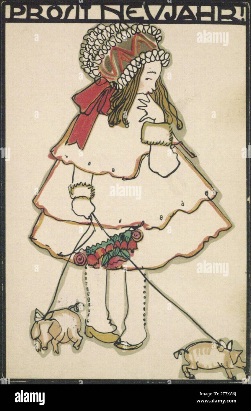 Egon Schiele Postcard No. 745 of the Wiener Workshop: Prosit New Year! (Girls with New Year's pigs on a leash). Color-litography color 1910 , 1910 Stock Photo
